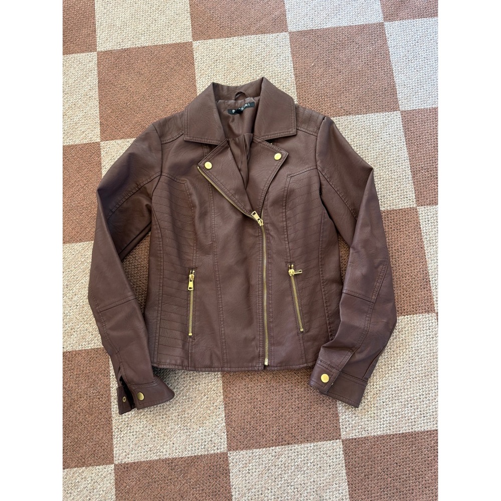 Baccini Brown Faux Leather Moto Jacket Petite Small Gold Hardware Vegan Leather